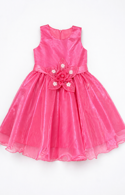 Kids Pink Princess Party Gown with Statement Flower Appliqué