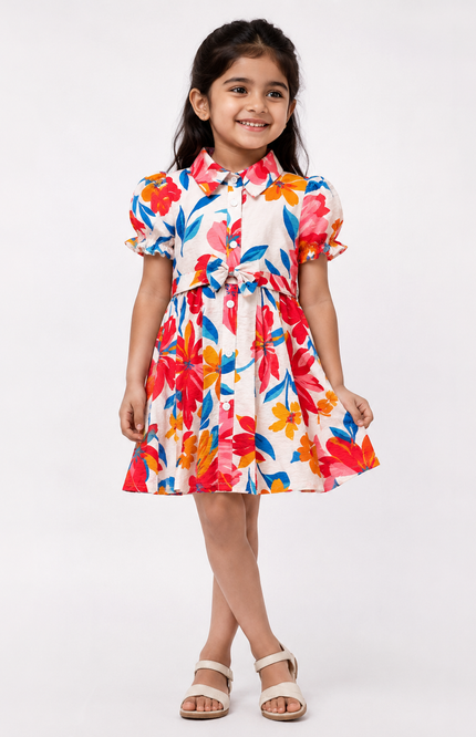 Tropical Floral Puff Sleeve Shirt Dress
