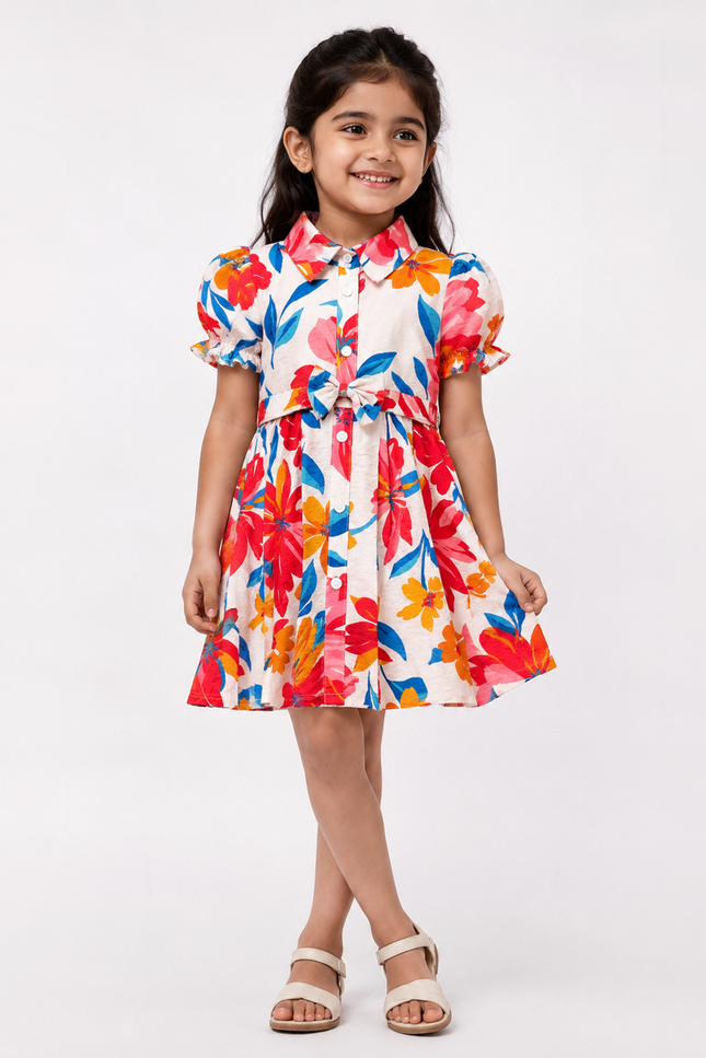 Tropical Floral Puff Sleeve Shirt Dress