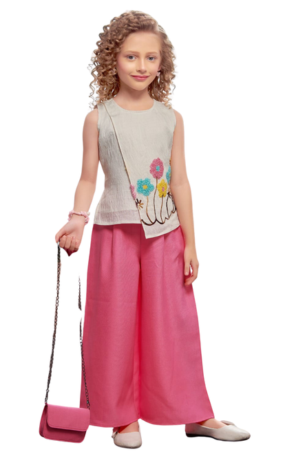 Girls' Beige Sleeveless Asymmetrical Tunic with Pink Wide-Leg Palazzo Set