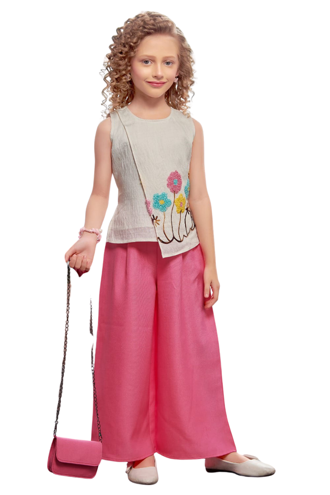 Girls' Beige Sleeveless Asymmetrical Tunic with Pink Wide-Leg Palazzo Set