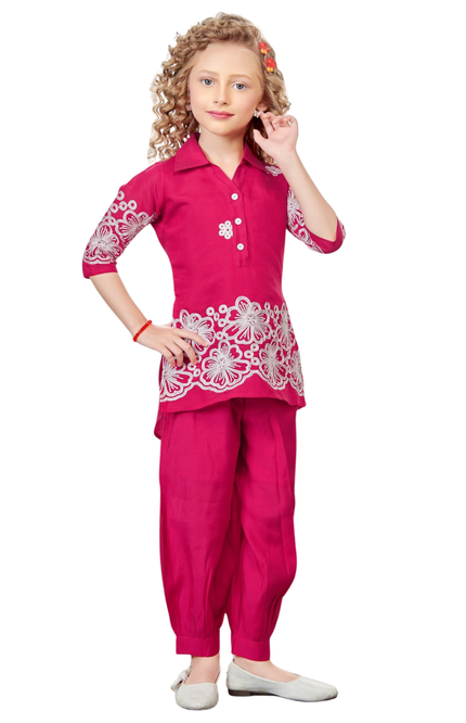 Kids' Festive Rani Pink Ethnic Co-ord – Embroidered High-Low Kurti and Matching Trousers