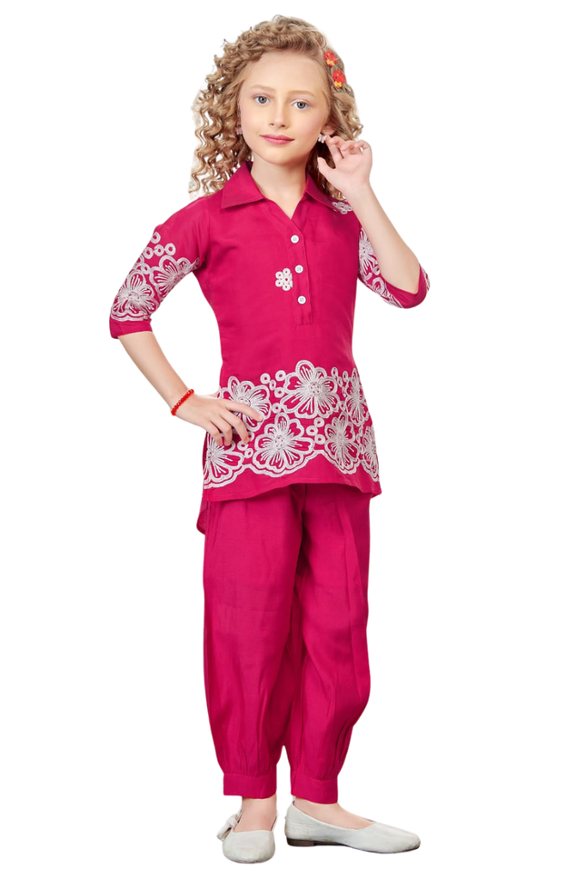 Kids' Festive Rani Pink Ethnic Co-ord – Embroidered High-Low Kurti and Matching Trousers