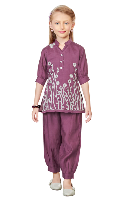 Girls' Lavender Purple Tunic and Dhoti Pant Set with Silver Floral Embroidery