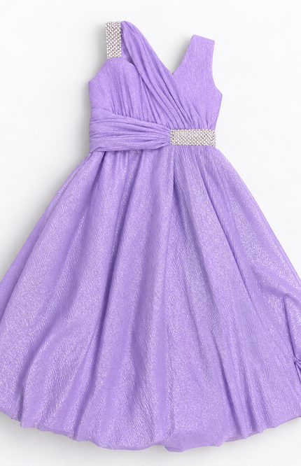 Girls’ Lavender Shimmer Party Dress with Embellished Waist
