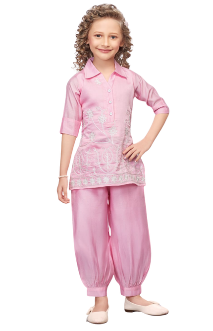 Girls' Baby Pink Tunic and Dhoti Pant Set with White Floral Embroidery