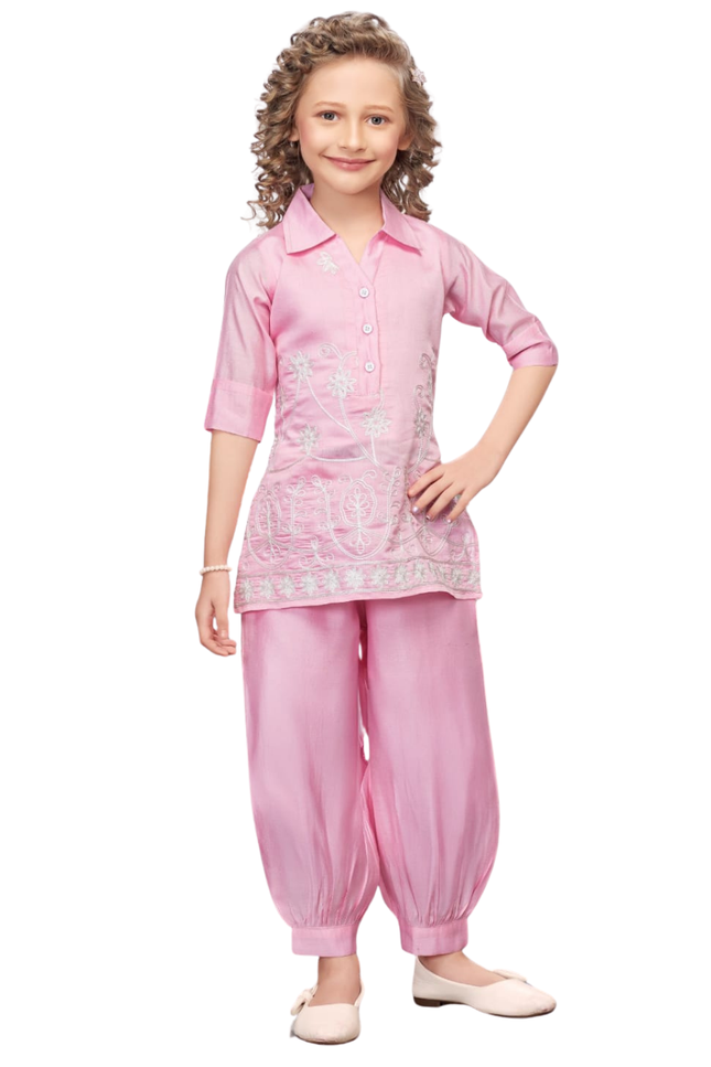 Girls' Baby Pink Tunic and Dhoti Pant Set with White Floral Embroidery
