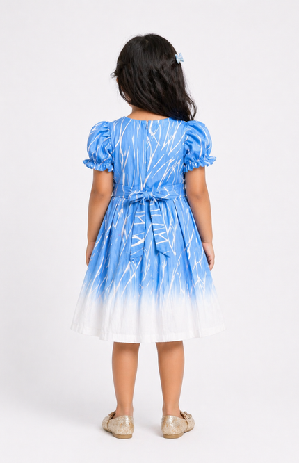 Sky Blue Ombre Kids Dress with Puff Sleeves