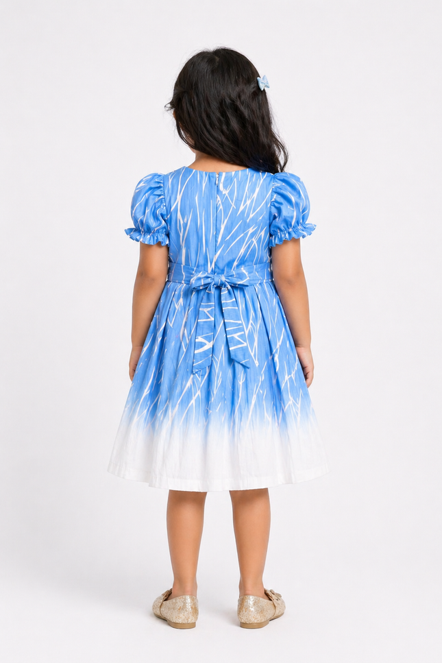 Sky Blue Ombre Kids Dress with Puff Sleeves