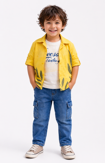 Boys' Sunshine Yellow Leaf Print Shirt and Cargo Denim Jeans Set