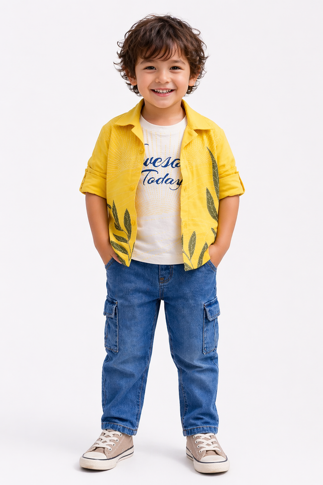 Boys' Sunshine Yellow Leaf Print Shirt and Cargo Denim Jeans Set