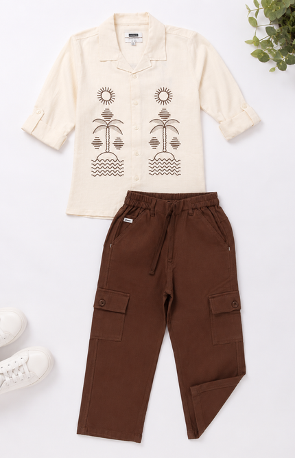 Cream Printed Shirt & Brown Cargo Pants
