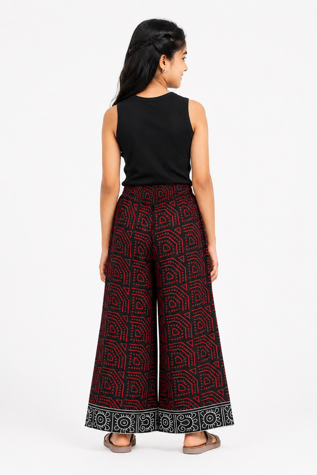 Girls Ethnic Print Wide-Leg Palazzo Pants