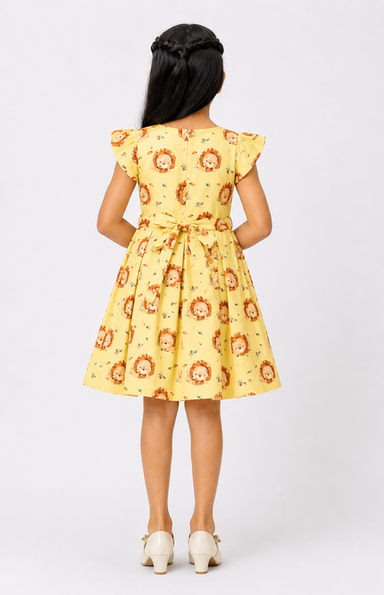 Cute Lion Print Girls Fit & Flare Dress with Belt