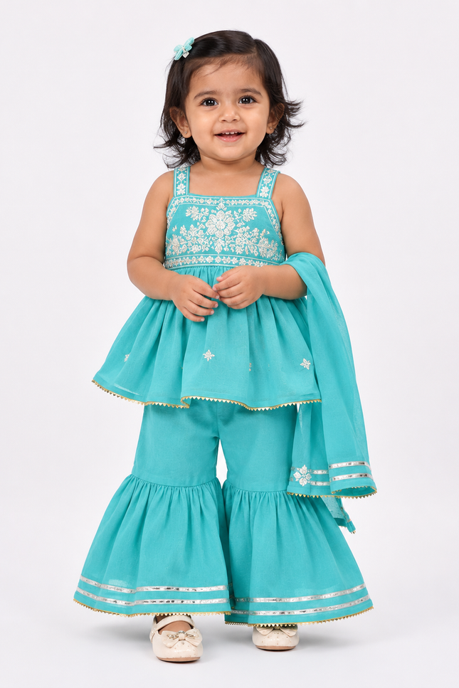 Peplum Top & Sharara Set with Dupatta for Girls