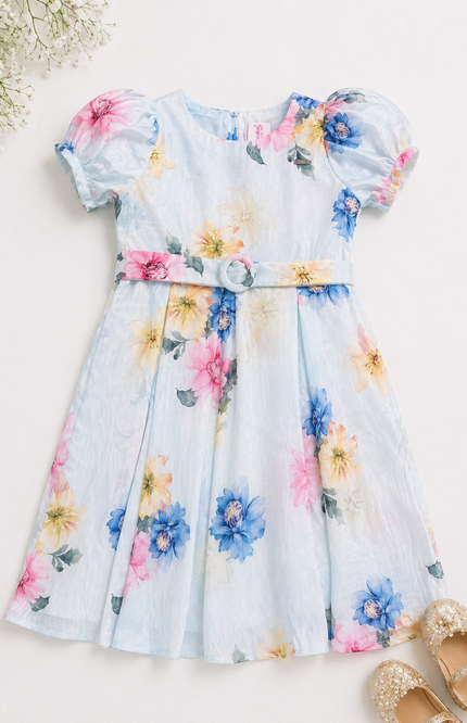 Pastel Blue Bloom Floral Puff Sleeve Kids Dress