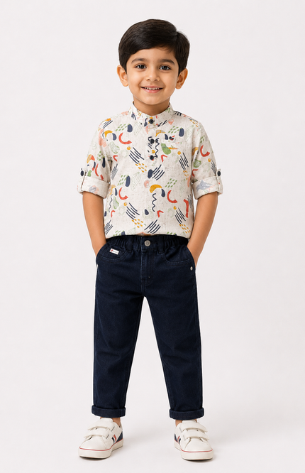 Abstract Printed Shirt with Dark Denim Pants Set