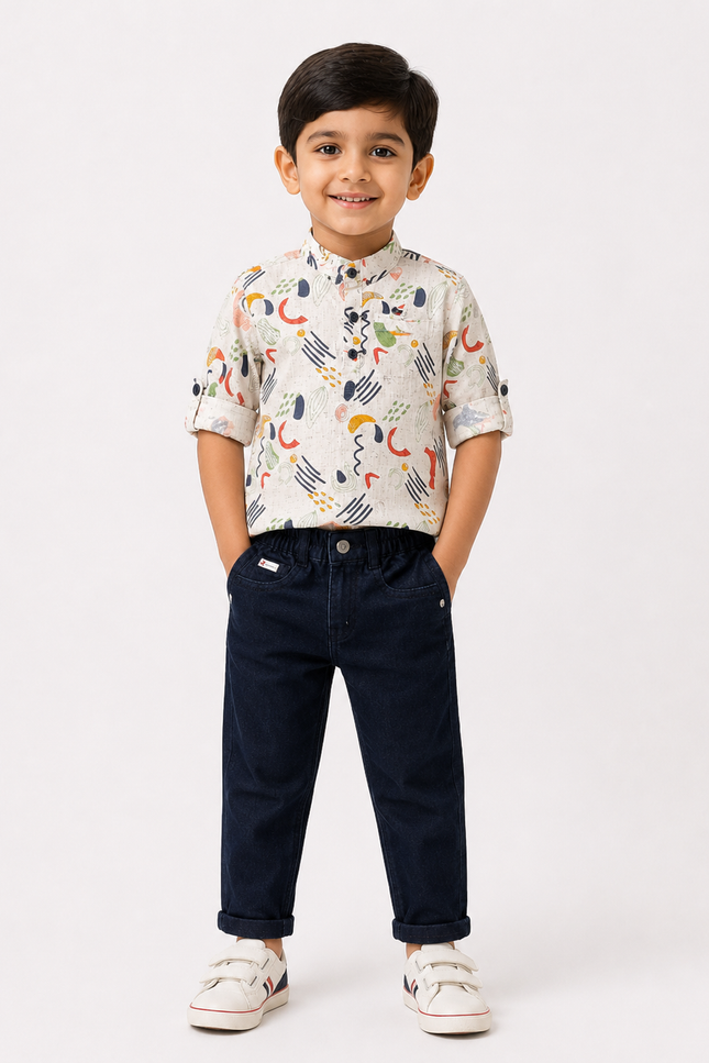 Abstract Printed Shirt with Dark Denim Pants Set