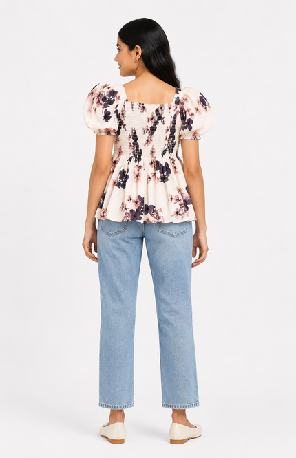 Floral Puff-Sleeve Smocked girls top