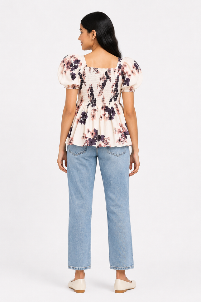 Floral Puff-Sleeve Smocked girls top