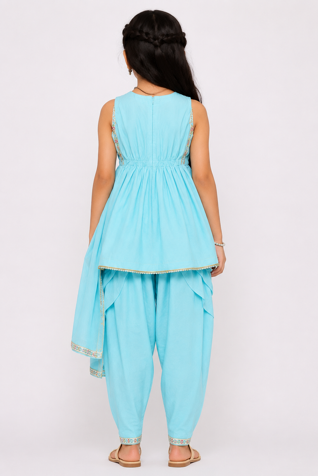 Sky Blue Embroidered Kids Ethnic Co-Ord Set with Dhoti Pants & Dupatta
