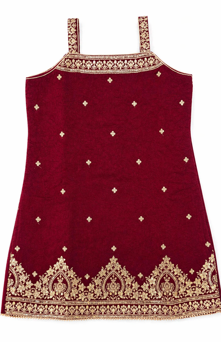 wine Embroidered Kurti Palazzo Set with Dupatta for Girls
