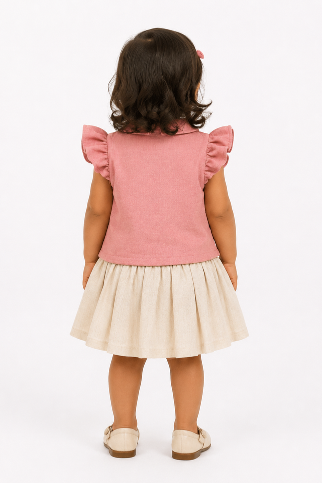 Peach Floral Lace Top & Pleated Skirt Set
