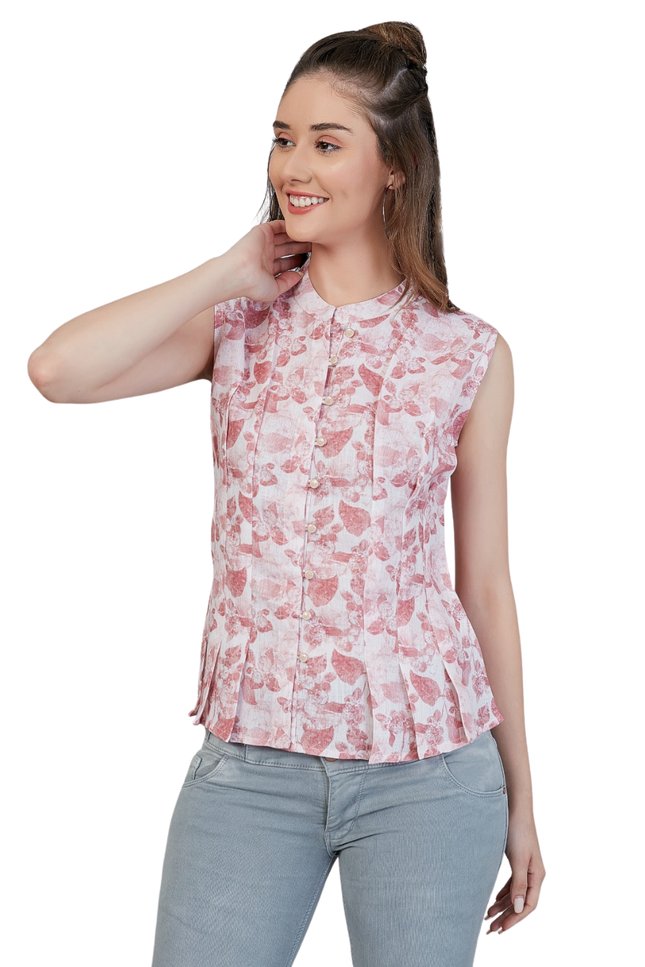 Women's Sleeveless Pink Floral Print Blouse with Mandarin Collar
