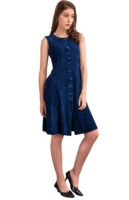 Women's Sleeveless Dark Wash Denim A-Line Dress with Button-Down Front