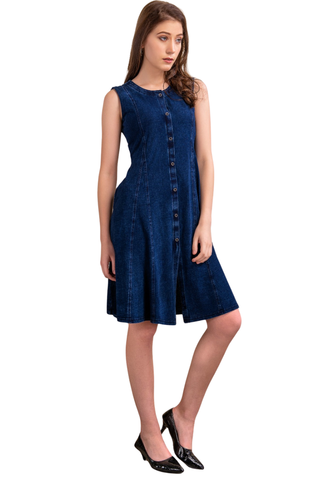 Women's Sleeveless Dark Wash Denim A-Line Dress with Button-Down Front