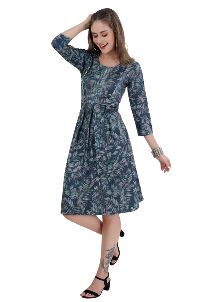 Slate Blue Botanical Leaf Print Dress with Three-Quarter Sleeves