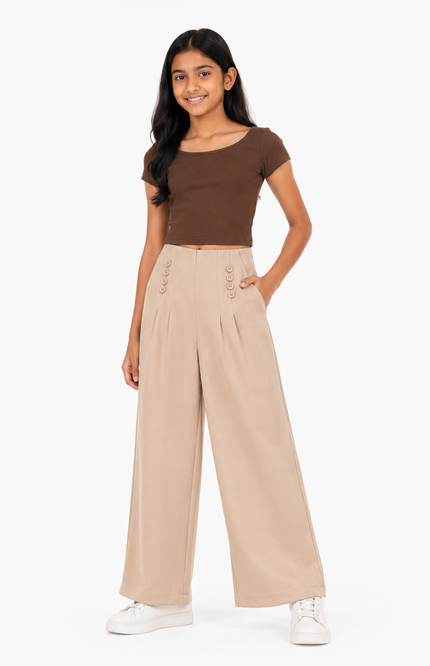 Beige Comfort Fit Wide-Leg Kids Trousers