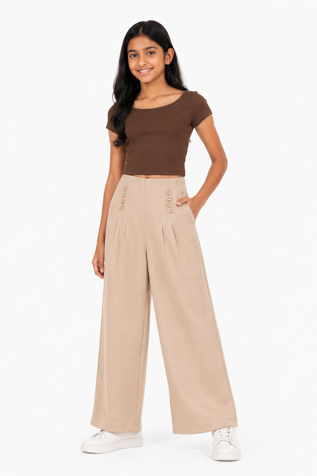 Beige Comfort Fit Wide-Leg Kids Trousers
