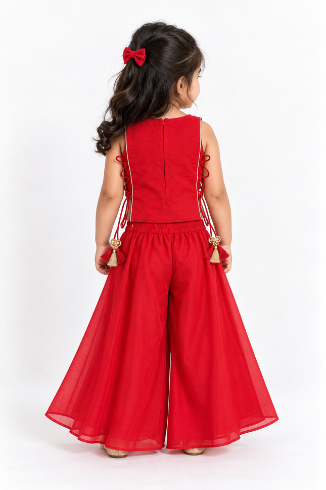 Girls’ Red Embroidered Palazzo Set