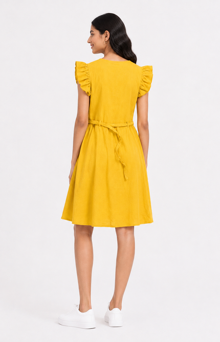 Girls’ Mustard Yellow Floral Embroidered Belted Dress