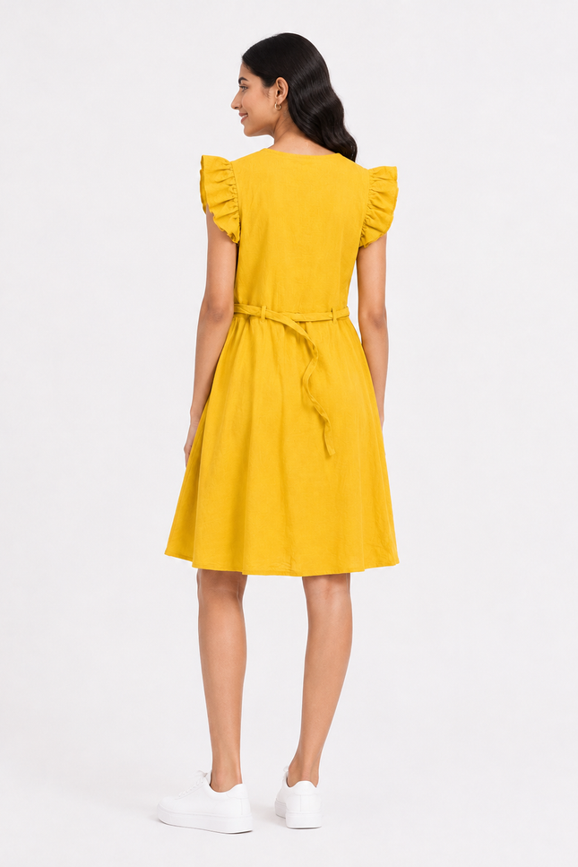 Girls’ Mustard Yellow Floral Embroidered Belted Dress