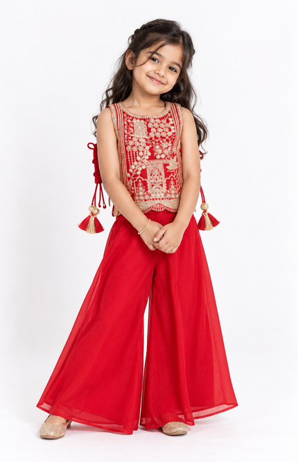 Girls’ Red Embroidered Palazzo Set