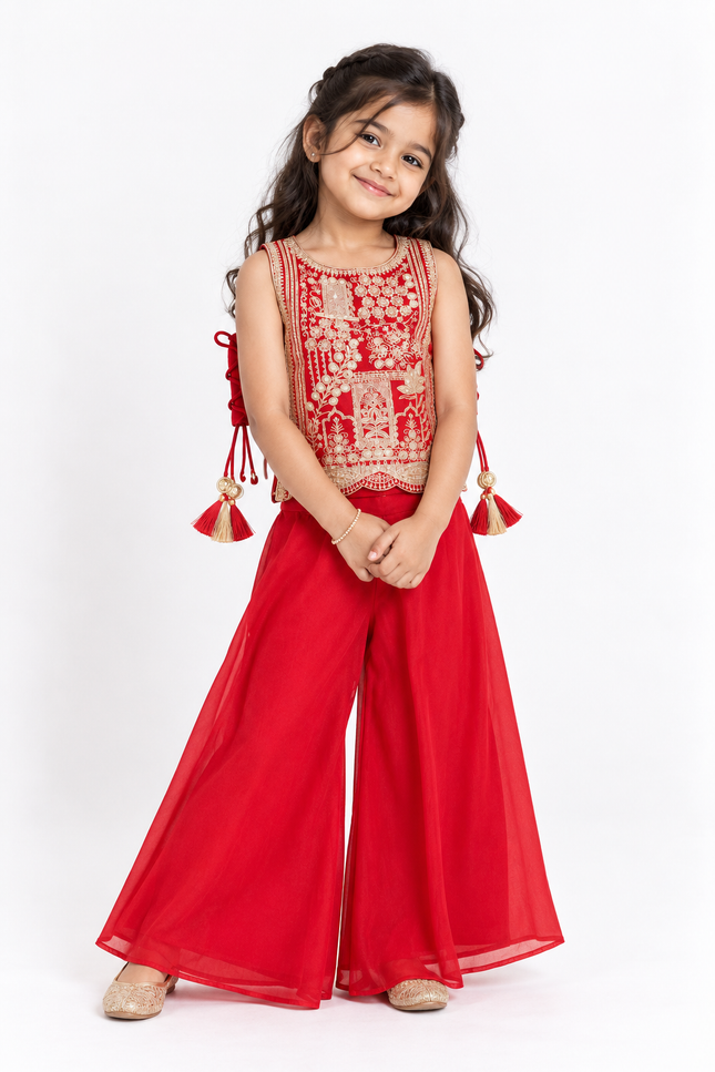 Girls’ Red Embroidered Palazzo Set