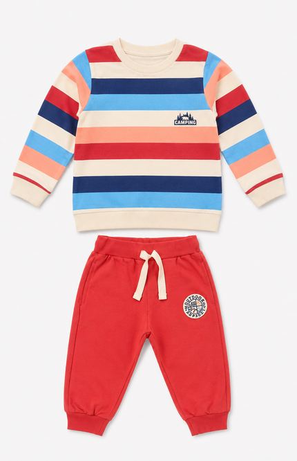 Multicolor Striped Sweatshirt & Red Jogger Co-Ord Set