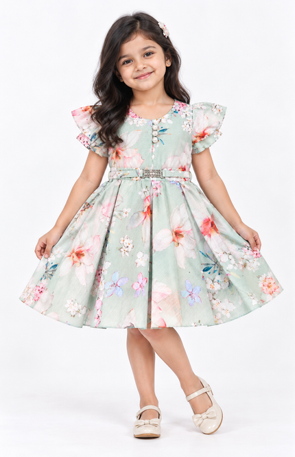 Girls’ Mint Green Floral Printed Dress with Waist Belt