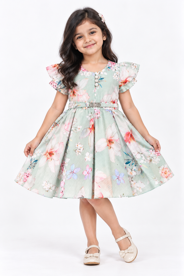 Girls’ Mint Green Floral Printed Dress with Waist Belt