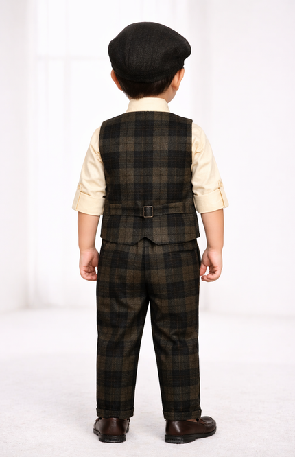 Boys' 4-Piece Dark Plaid Waistcoat, Trouser, and Shirt Set with Bow Tie