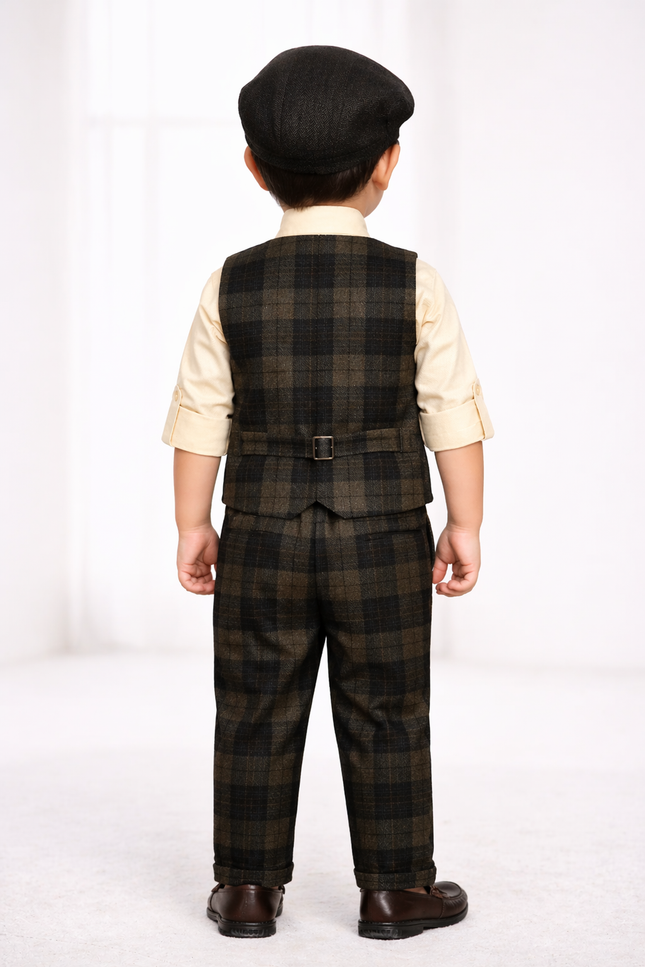 Boys' 4-Piece Dark Plaid Waistcoat, Trouser, and Shirt Set with Bow Tie