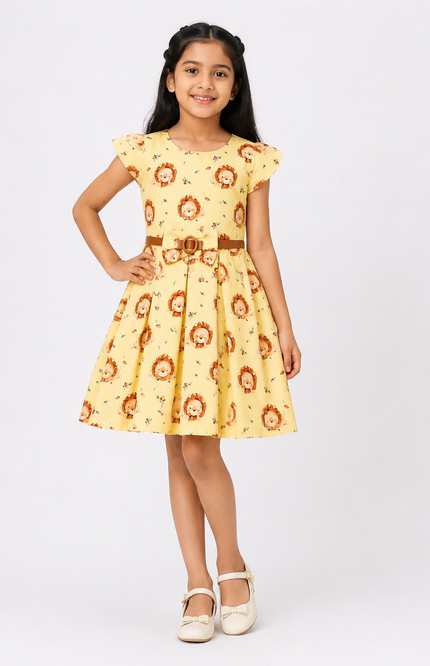 Cute Lion Print Girls Fit & Flare Dress with Belt