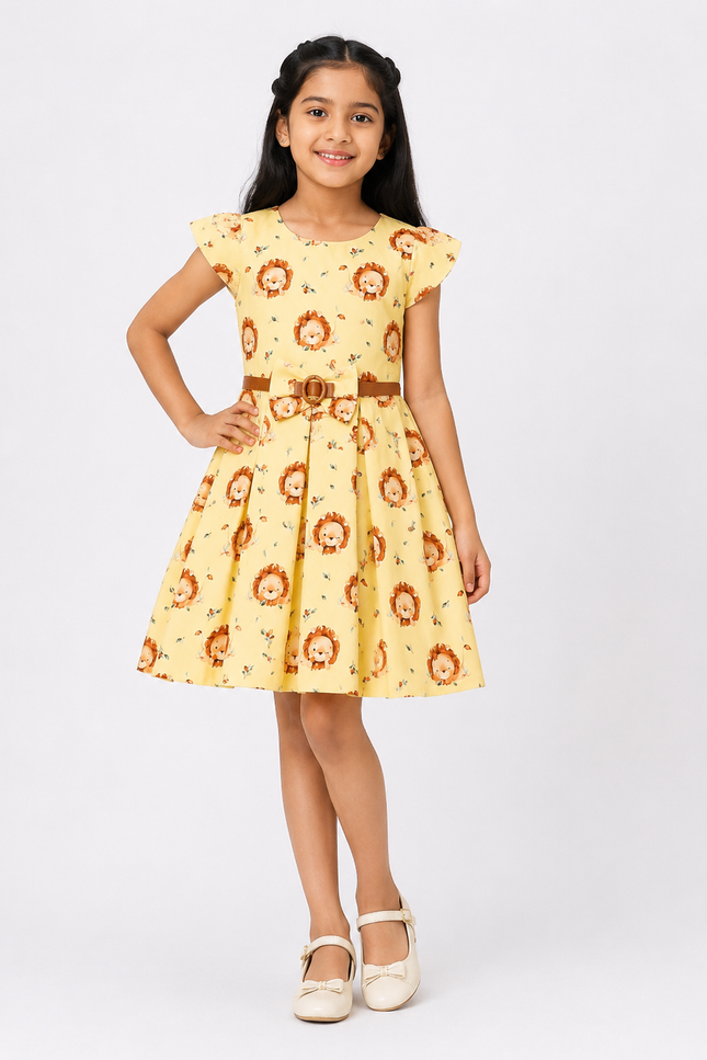 Cute Lion Print Girls Fit & Flare Dress with Belt