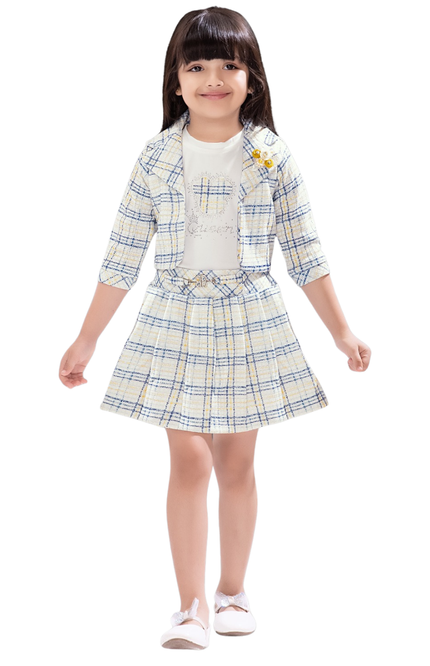 Kids' 3-Piece Pastel Tweed Co-ord – Pleated Mini Skirt, Structured Blazer, and Sparkle Heart Top