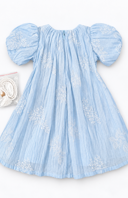Girls’ Sky Blue Embroidered Dress with Tassel Waist Belt