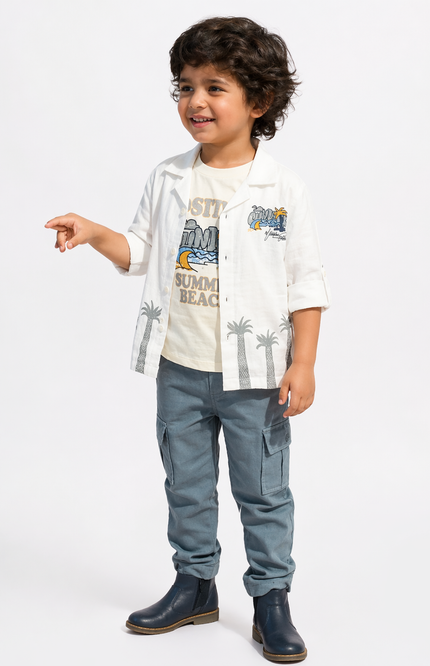 Boys Summer Beach 3 Piece Casual Set – White Printed Shirt