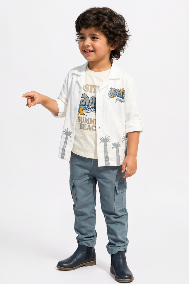 Boys Summer Beach 3 Piece Casual Set – White Printed Shirt