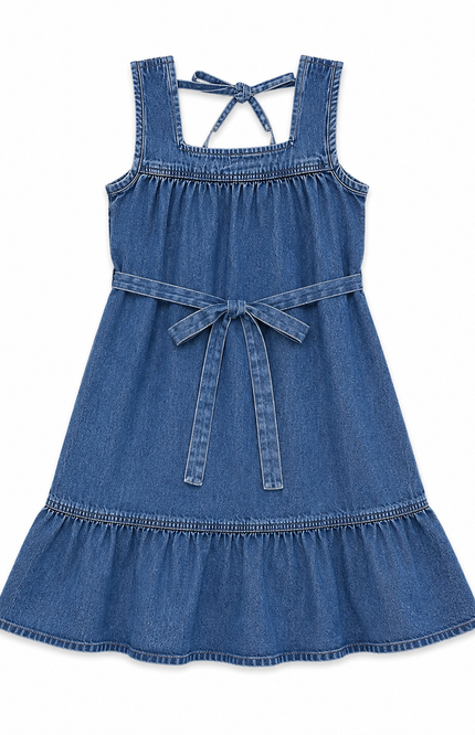 Girls' Blue Denim Dress with Waist Belt & Ruffle Hem